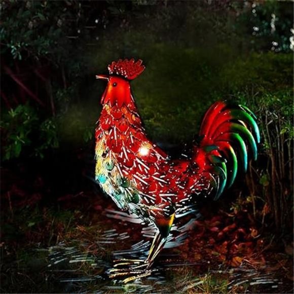 Rooster Decor Chicken Statues with Solar Light for Garden, Metal Sculpture, Red